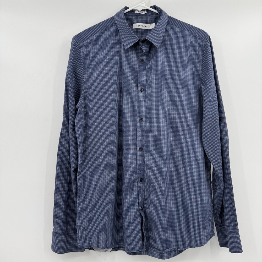 Calvin Klein Shirt Men Medium Blue Check Long Sleeve Button Up Office Casual